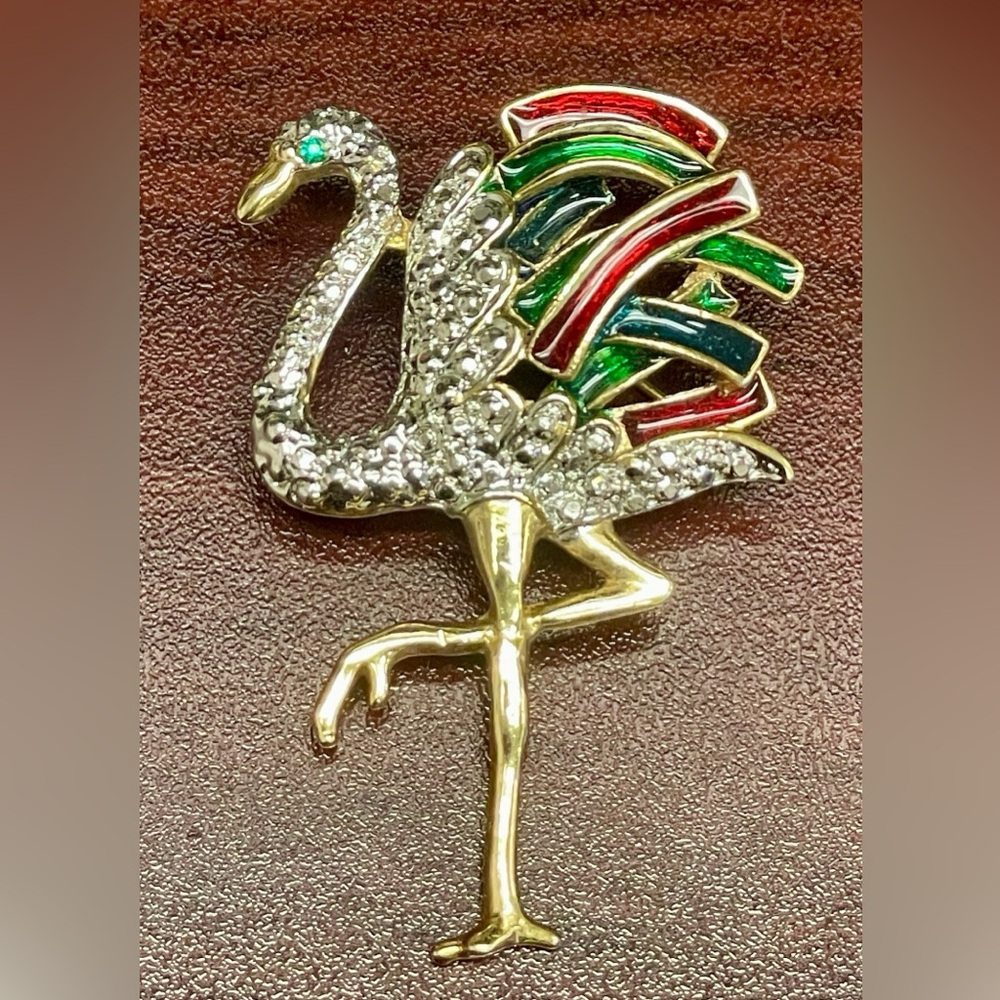 Ostrich Flamingo Bird Enamel Brooch Pin Rhinestone Multi Color Gold - Vintage